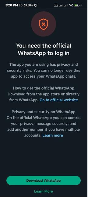 official whatsapp log in alert