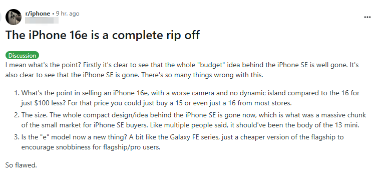 comentarios iphone 16e desde reddit