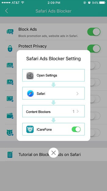 select icarefone on safari content blocker
