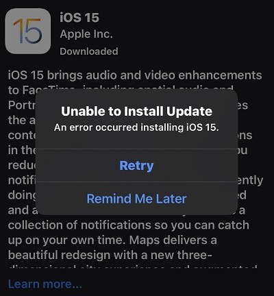 unable to install iOS 15.5