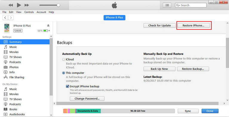 restore iphone in itunes